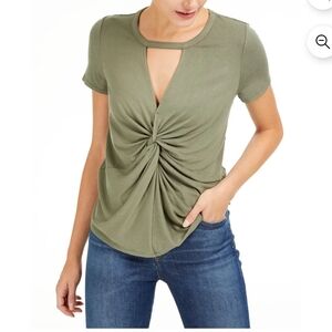 Bar lll Womens Keyhole, Twist Front, Short-sleeve T-Shirt, Olive Green - Sz: L